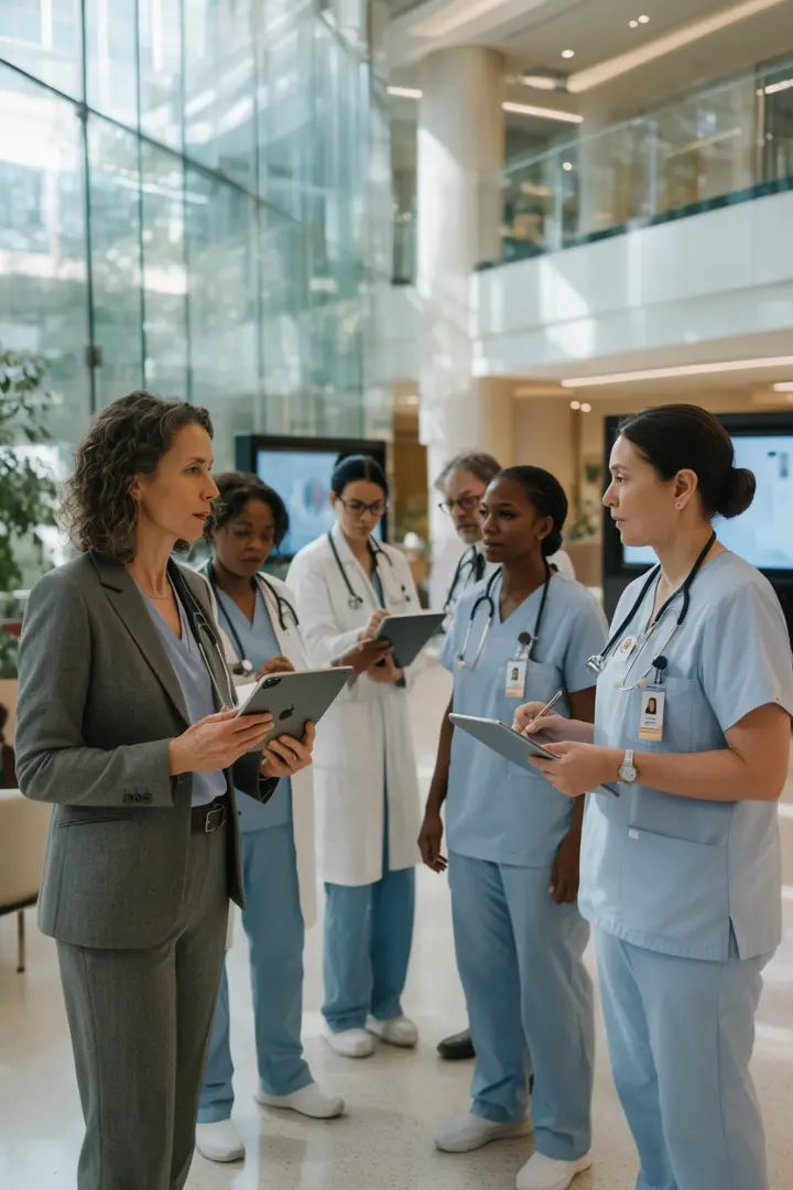Doctors, nurses and a care coordinator collaborating in a modern hospital