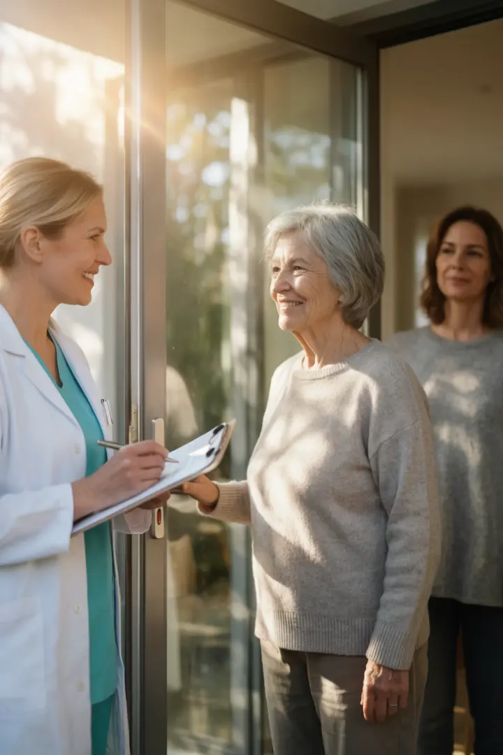 A home nurse being welcomed by a patient